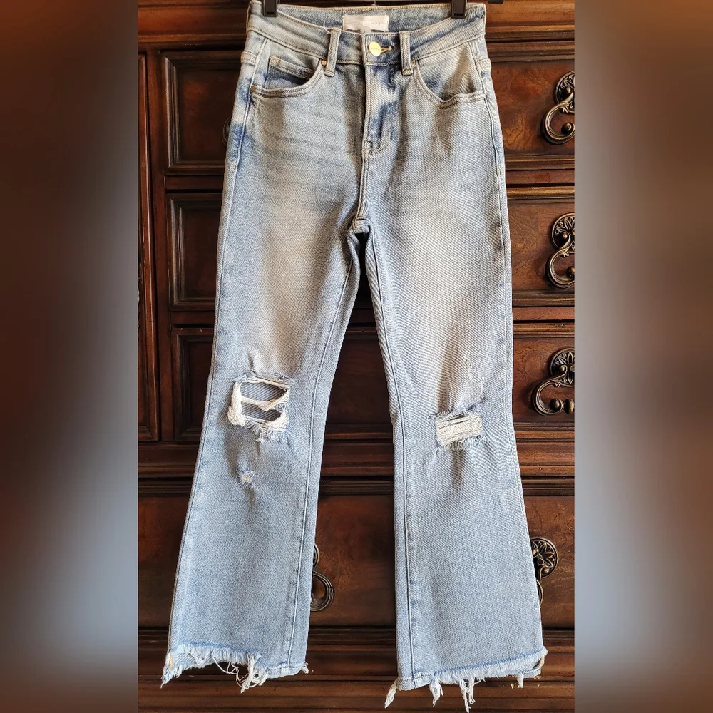 Trendy Light Blue Distressed Flare Jeans - Picture 1 of 7